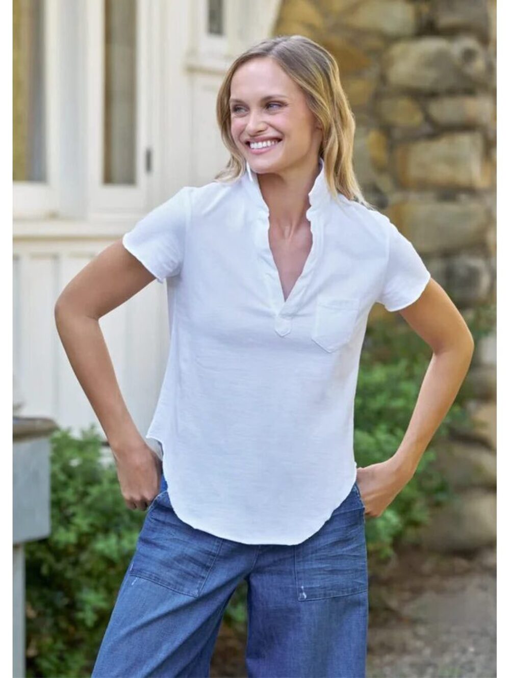 Frank & Eileen White Linen Short Sleeve Popover Shirt Women’s S